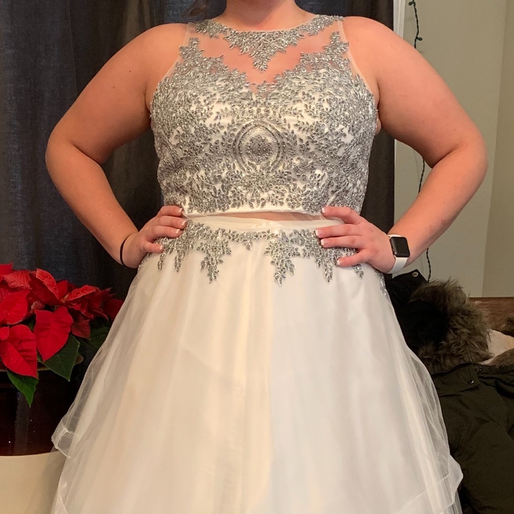 White with silver beaded dress